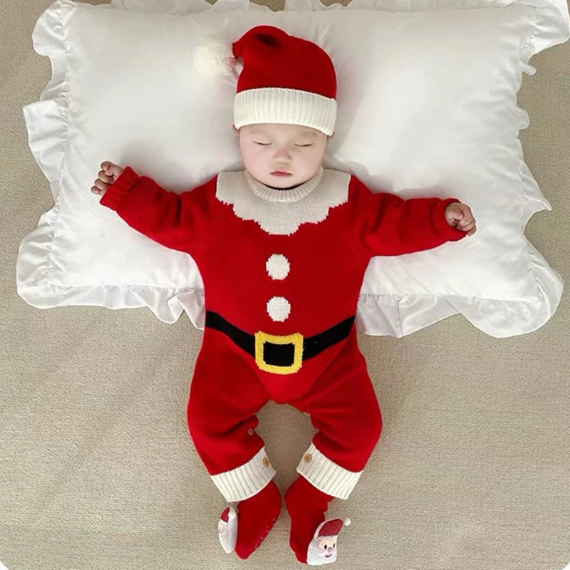 Infant Christmas Outfits Baby Romper Clothes Winter Red Santa Claus Knitted Newborn Infant Boy Girl Christmas Gift Jumpsuits+Hat