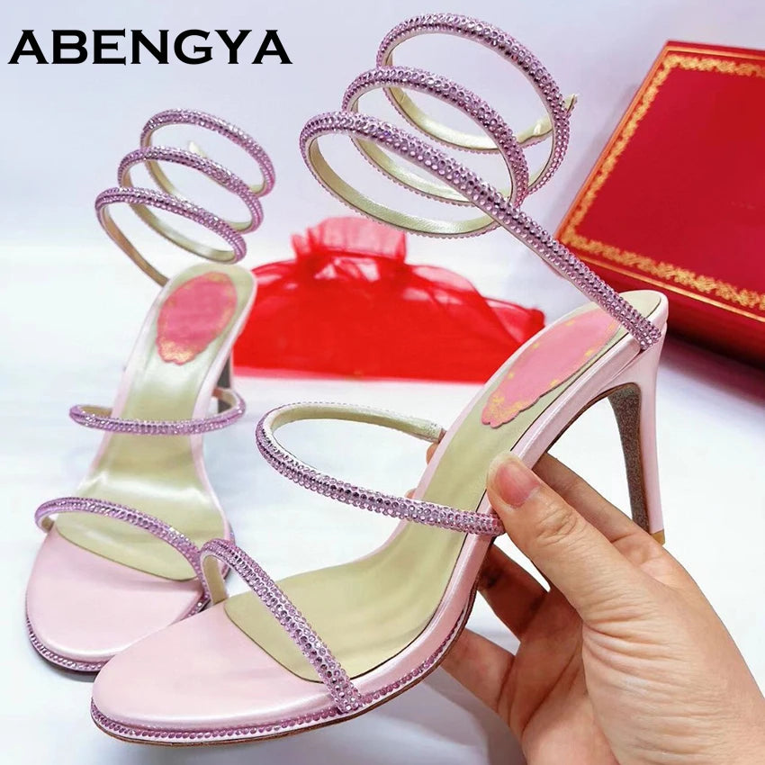 Luxury Crystal Chunky Heels Gladiator Sandals Women Sliver Leather Slingback High Heel Party Shoes Open Toe Women's Sandalias