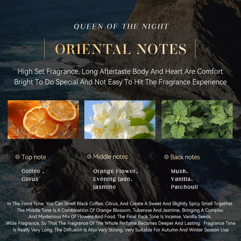 Midnight Queen Women’s Perfume 100ml Long Lasting Parfum Elegant Oriental Scent with Coffee Citrus Tuberose Jasmine Vanilla Musk