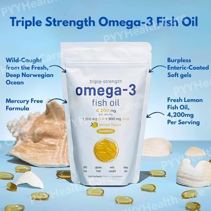 Triple Strength Omega 3 Fish Oil Supplements 4200mg Lemon Flavored, Burpless, EPA 1200mg DHA 900mg 240 Softgels