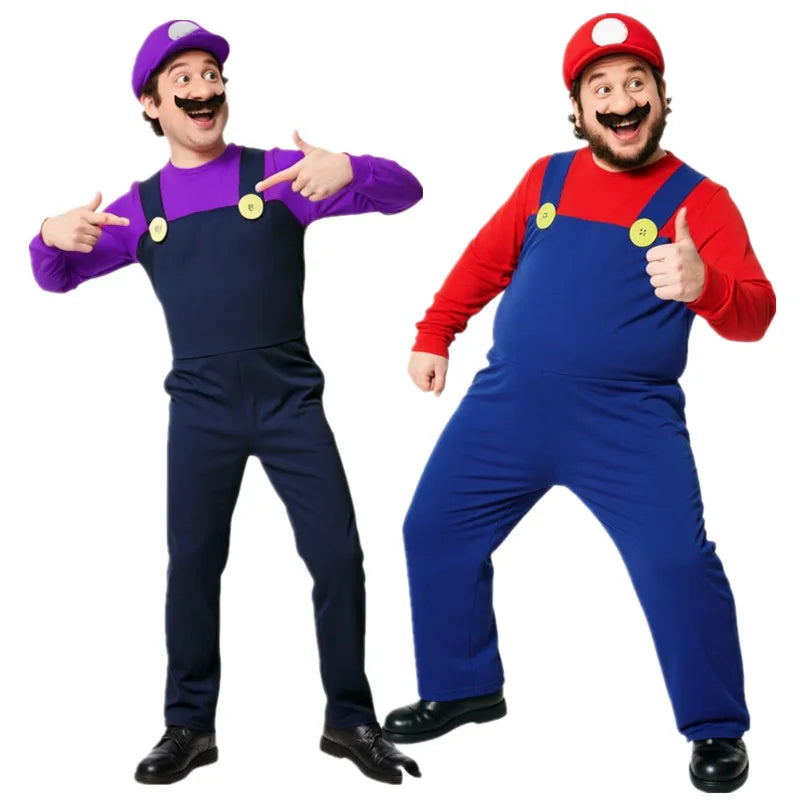 Halloween Men's Plumber Jumpsuit Roleplay Costume (Includes Hat, Gloves, Mustache Accessories) Available in Red, Yellow, Purple
