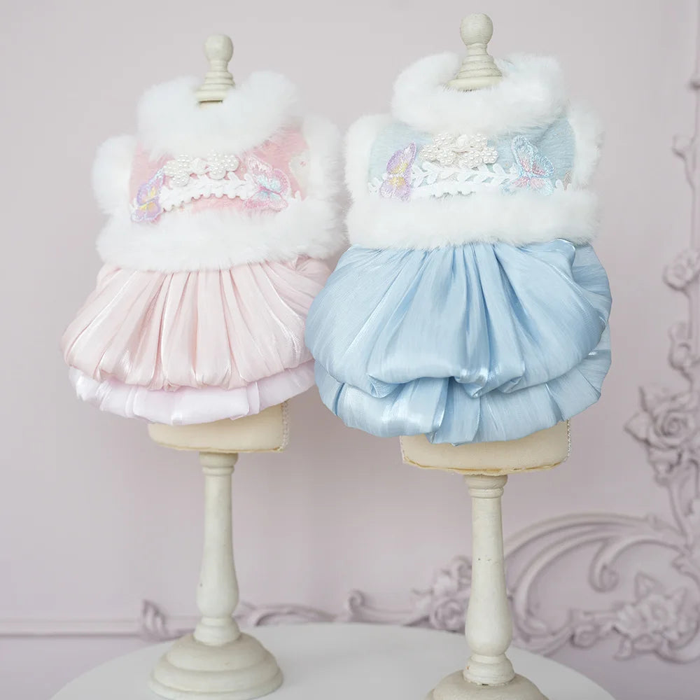 Pet Flannel Dress Rabbit Butterfly Tang Dress Princess New Year Small Medium Dog Coat Puppy Clothes Chinese Style Pet Skirt