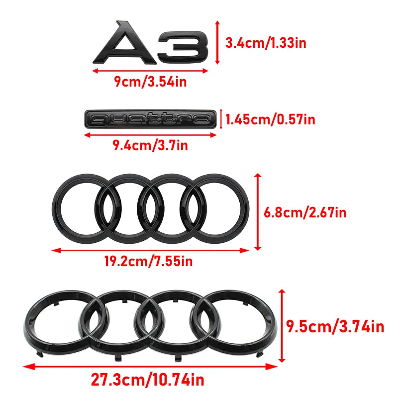 Audi A3 4 Ring Logo ABS Glossy Black Car Hood Front Bonnet Grill Badge Rear Trunk Quarrto Emblem Sticker Decal For A3 2010-2020