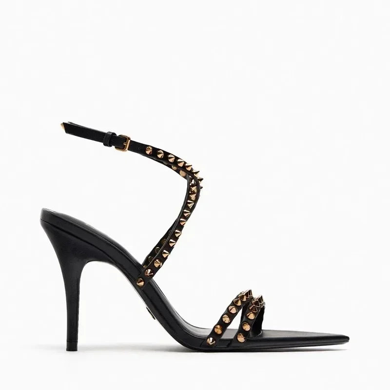 Luxury Designer Rivet Embellished Thin Heeled Sandals Women Summer Sexy Pointed Toe Ankle Strap High Heels Elegant Party Shoes