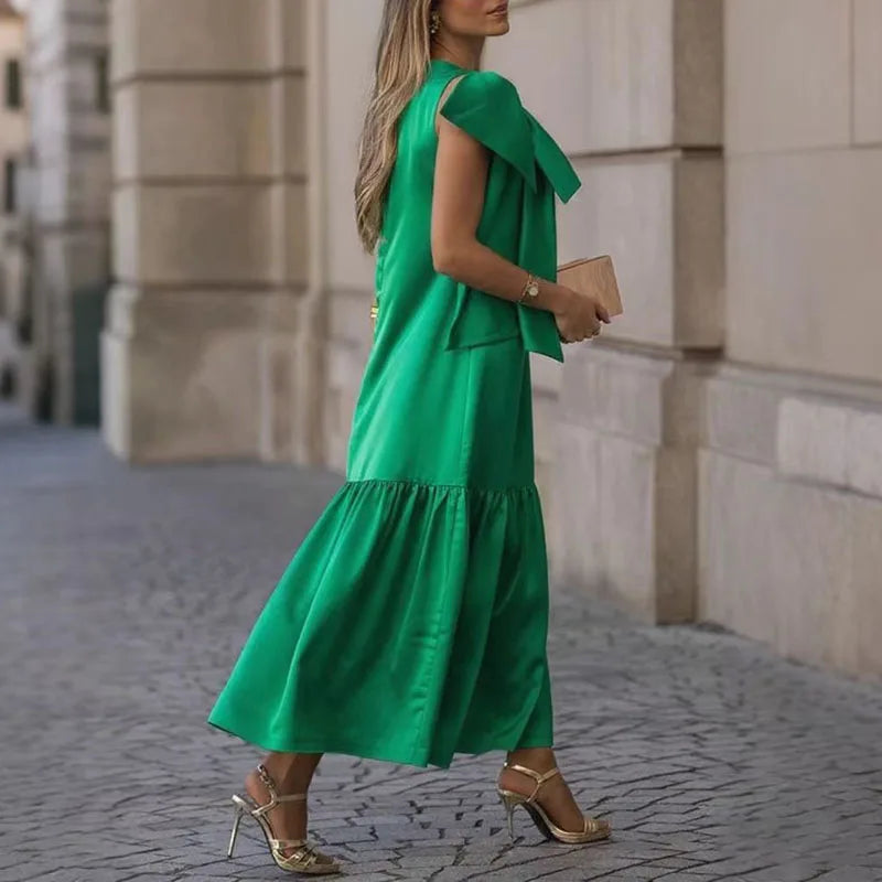 Sexy Sleeveless O Neck Holiday Long Dress Woman Summer Solid Bowknot Hollow Office Lady Dress New Casual Loose A-Line Boho Dress