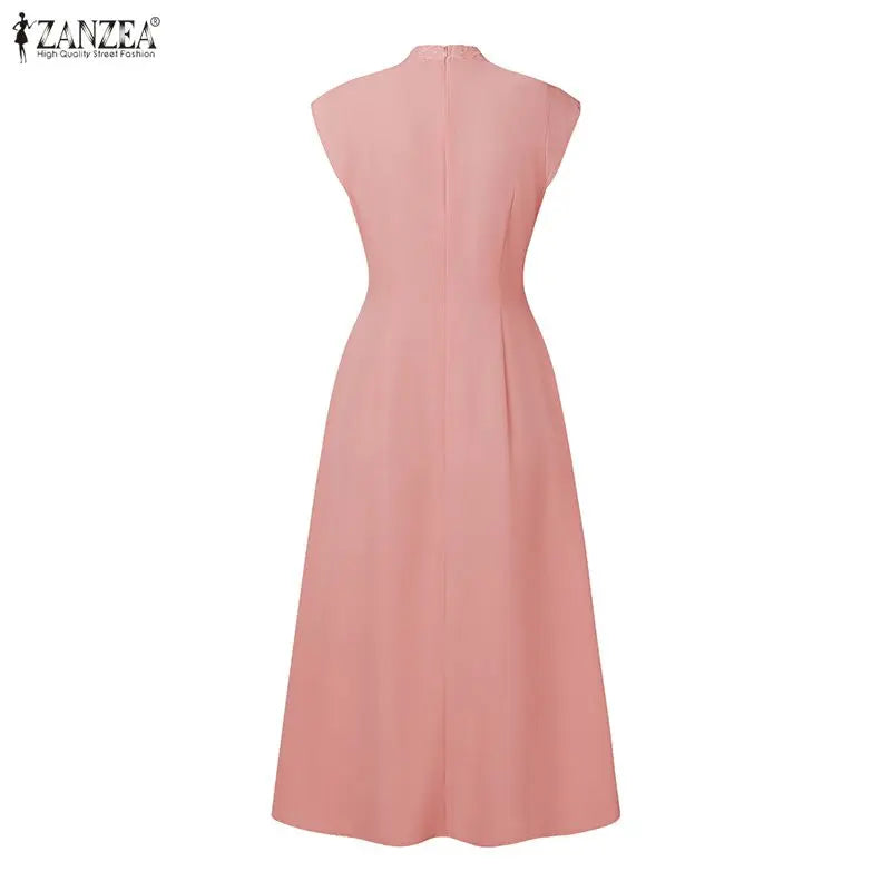 ZANZEA Elegant Women's Wedding Guest Party Midi Dress Embroidered Mesh Patchwork Stand Collar Cap Sleeve Dresses Woman Clothes