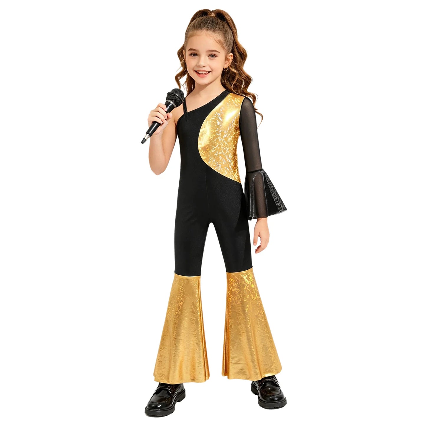 Kids Girls Hippie Halloween Costume Tassels Unitard Bell-bottom Long Pants Bodysuit Jumpsuit Disco Dance 60s 70s Rave Party Wear