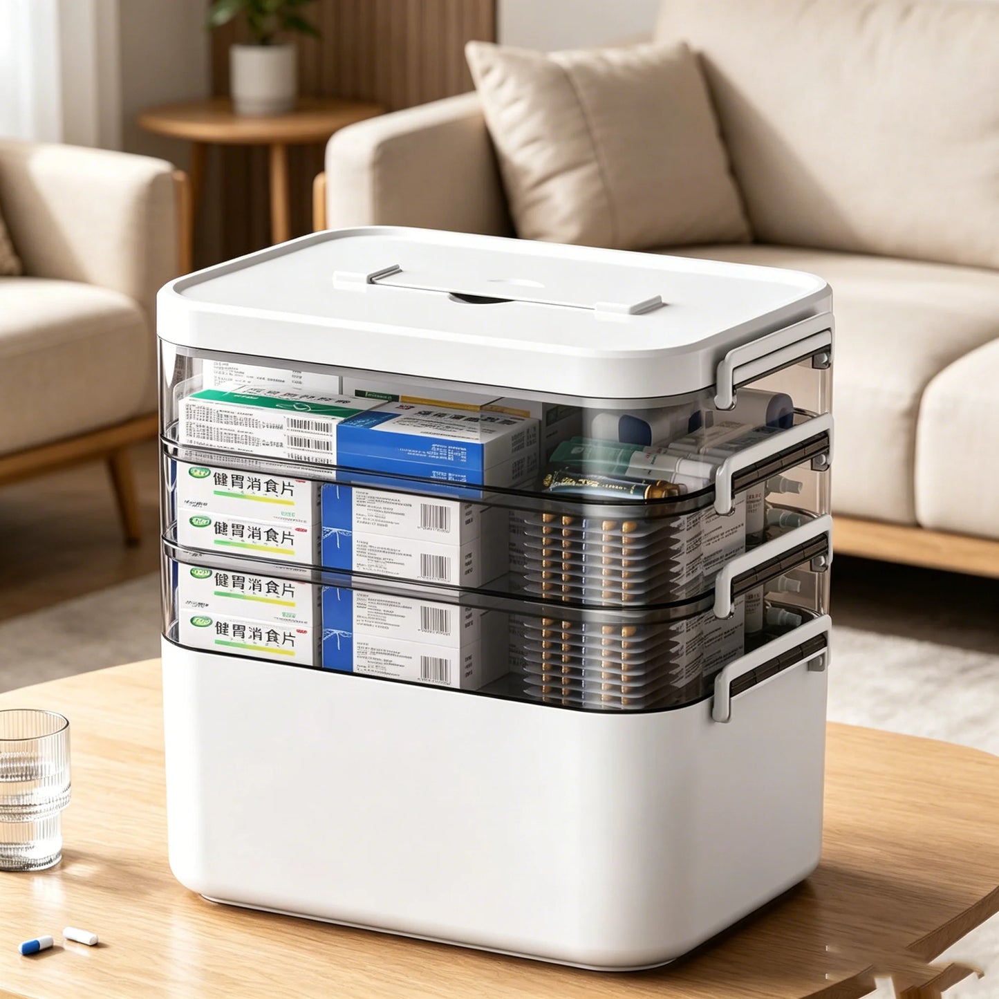 Multi-Layer Medicine Storage Box - Portable Home Emergency Organizer with Snap Closure, Durable Plastic Material, for Storing and Organizing Medicines and Miscellaneous Items