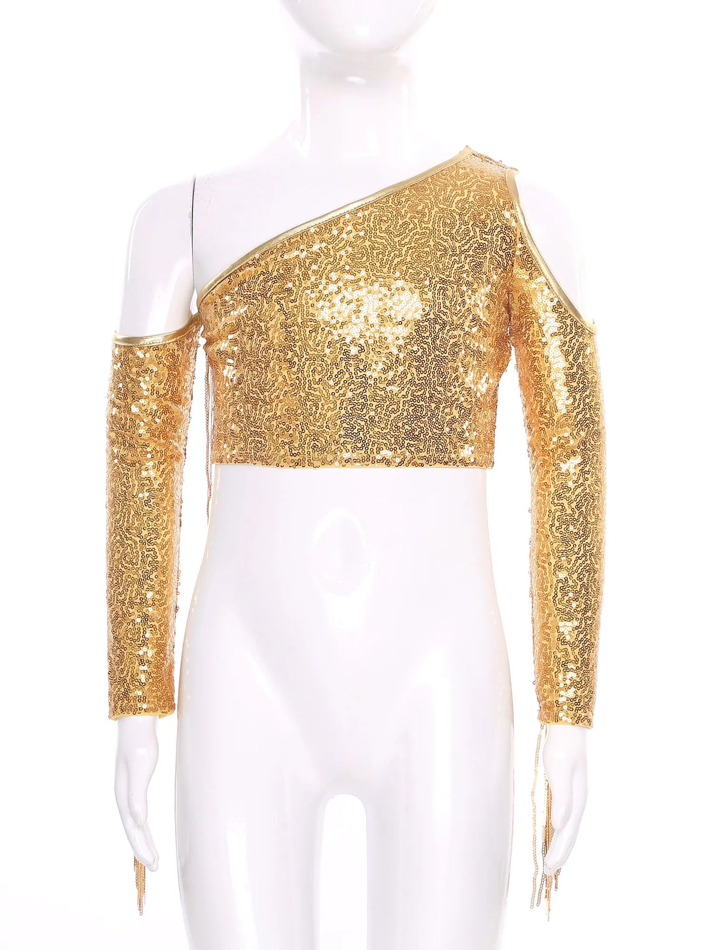 Children's One Shoulder Tassels Tops Streetwear Kids Girls Sequins Crop Top T-shirts Fashion Shiny Stage Performance Costume