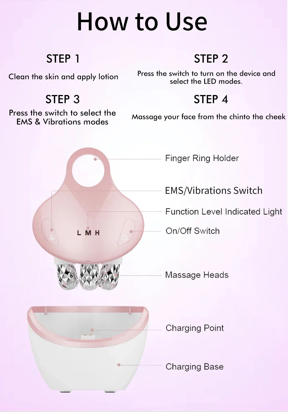 4D Massage Head Home Use Facial Device EMS 5 in 1 Facial Massager Promote Face Cream Absorption 5 Light Color Modes Beauty Tools