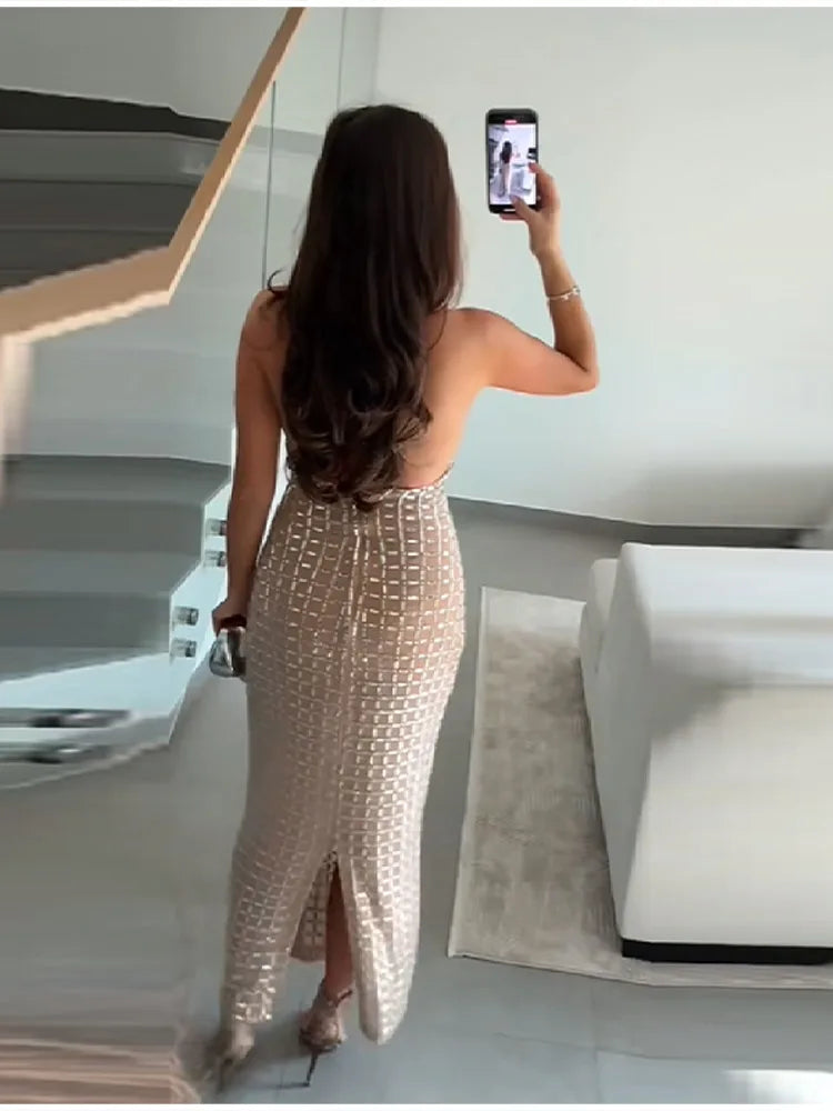 Sexy Lady Sequin Halter Maxi Dress Sleeveless O Neck Backless Party Long Robe 2026 Spring New Luxury Evening Dresses