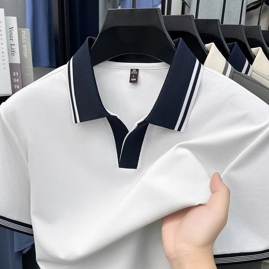 Light luxury summer new short sleeve polo shirt silky breathable high-end men's fashion personalized color blocked lapel T-shirt