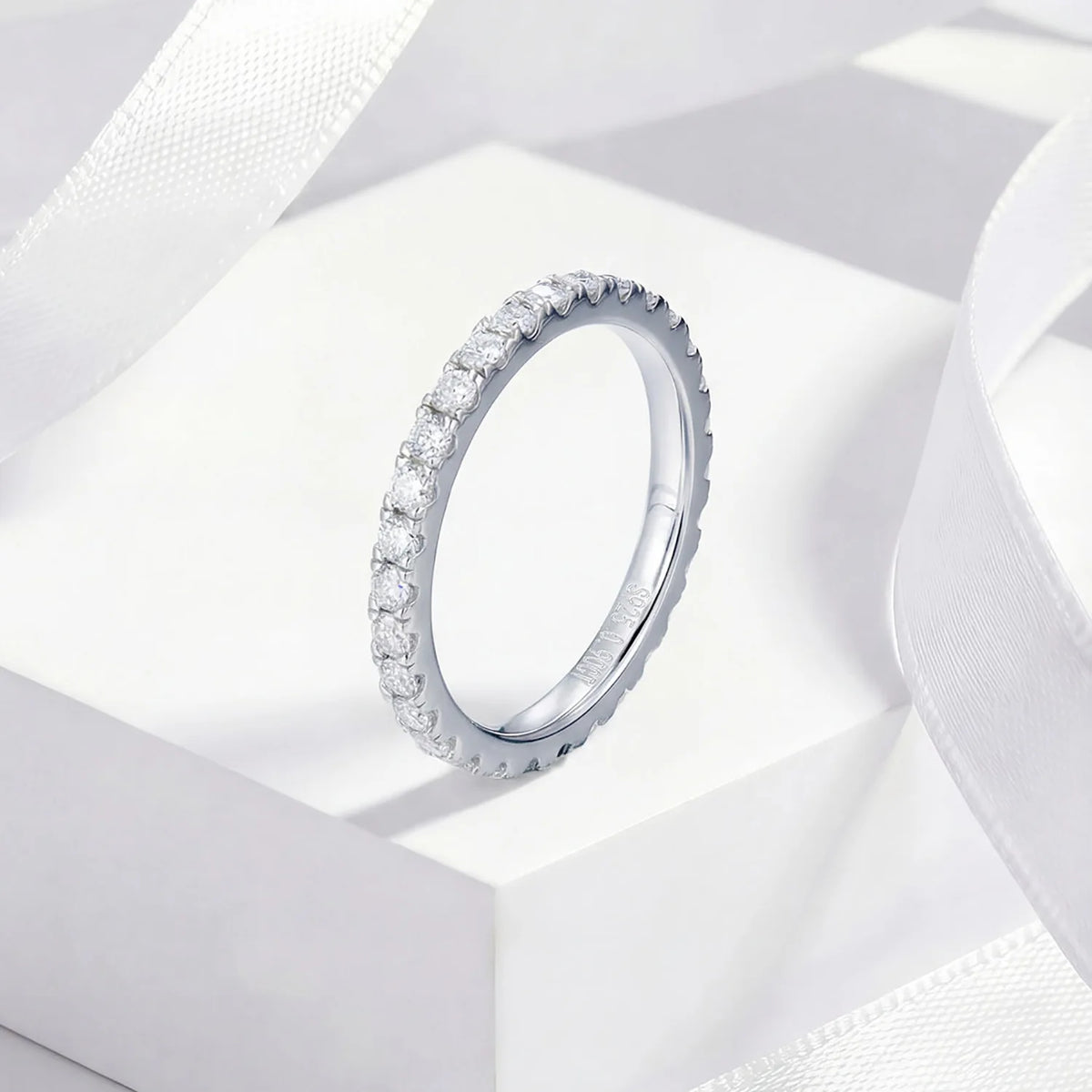 1.5mm All Moissanite 925 Sterling Silver Ring For Women with White Gold Plated Lab Diamond Engagement Wedding Band Jewelry
