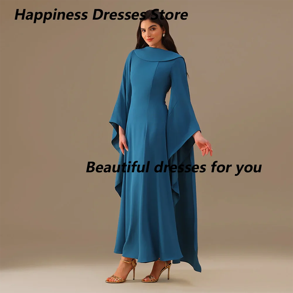 Formal Evening Dress Customized Long Sleeves Boat Neck A Line Ankle Length Jersey Saudi Arab Prom Gown Arabian Formal Dresses