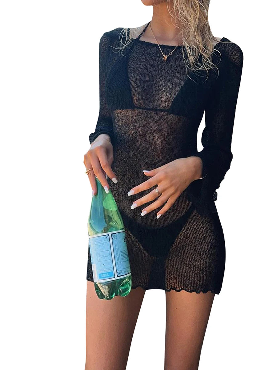 Yiiciovy Women Bikini Cover-Ups Sexy Ladies See-Through Long Sleeve Backless Beach Knitted Mini Dress Swimwear Sunscreen Dresses