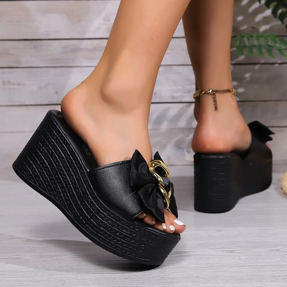 Women's Summer Fashion New Bow Designer Thick Sole Non-Slip Sandals Outdoor Casual Solid Color Open Toe Beach Flip Flops