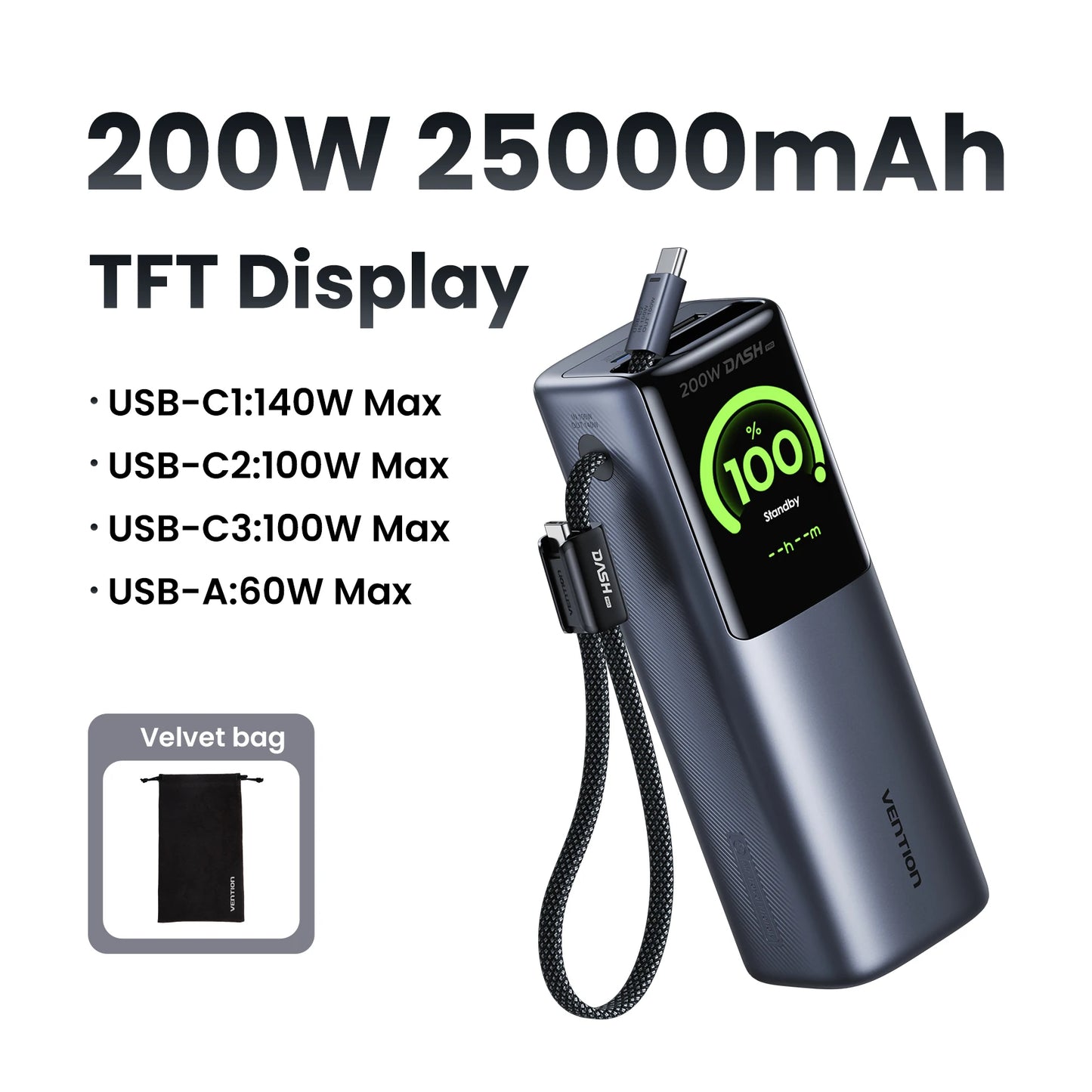 Vention 200W 25000mAh Power Bank Retractable Cables Portable PD External Battery PowerBank for Laptop Macbook Pro Fast Charge