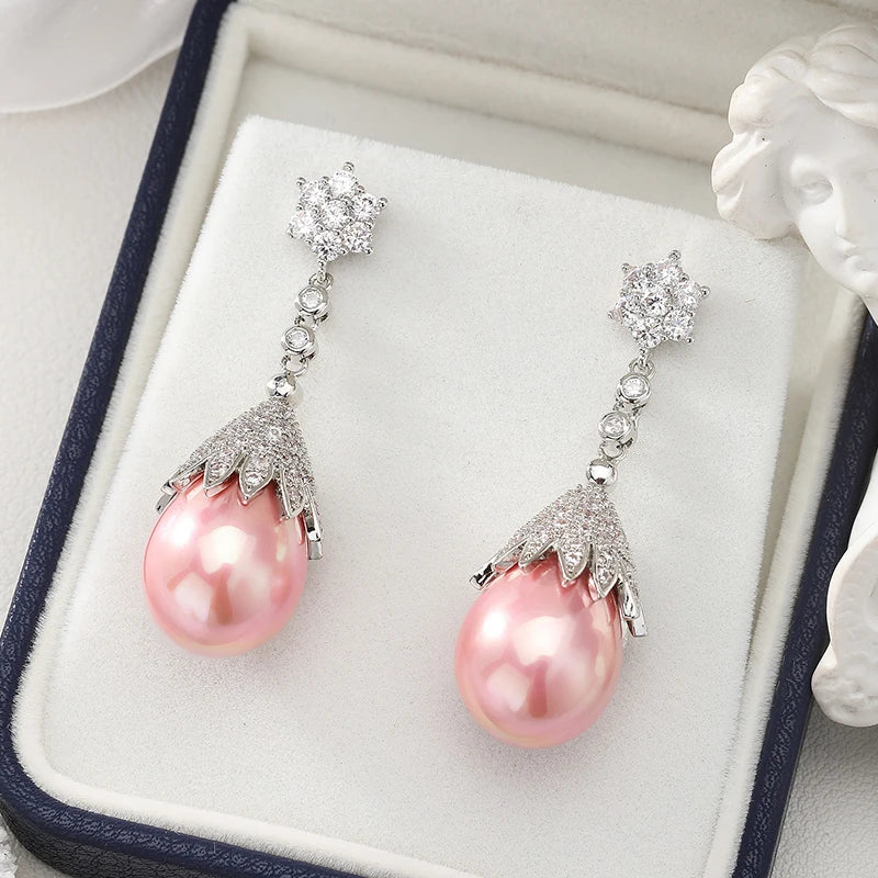 SENYU Luxury Emerald Color Water Drop Shell Pearl Drop Earrings Shiny Women Zircon Earrings for Wedding Brides Jewelry Gifts