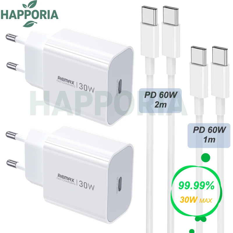 HAPPOIRO PD 30W Type C Fast Charger Cable for iPhone 17 16 15 Pro Max iPad Charger Adapter EU Plug Wall Chargers 1m 2m