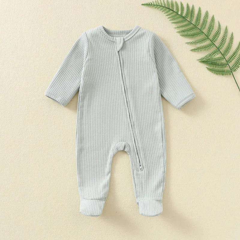 Autumn Zipper Baby Onesie Ribbed Knit Footed Romper Long Sleeve Solid Color Jumpsuit for 0-12M Newborn Infant Outfits