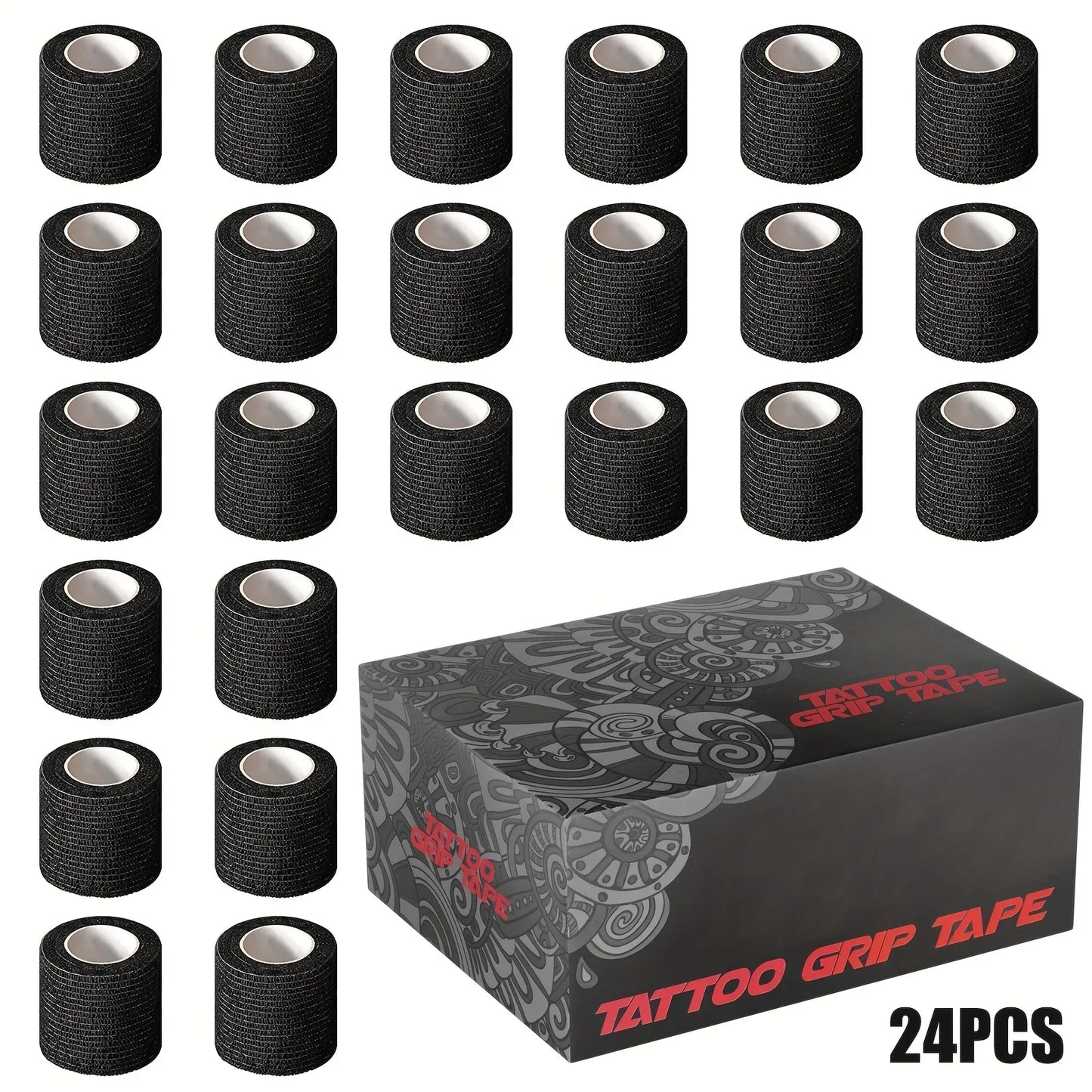 48/24/3PCS Black Tattoo Grip Cover Wraps Self-Adhesive Elastic Bandage Tape Breathable Strong Sports Tape Athletic Bandage Rolls