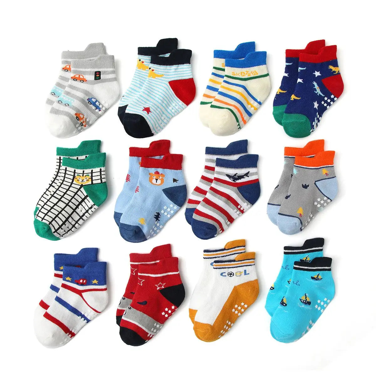 12 Pairs/Lot Cotton Baby 's Floor Socks Boys Girls Non-slip Boat Low Cut Sock with Rubber Grips 1-5Years
