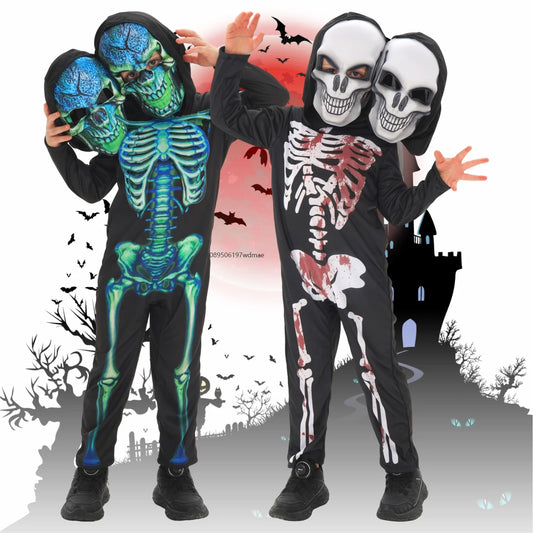 Halloween Two-headed Horror Skeleton Costume Cosplay Clothes Children's Boys And Girls Jumpsuit Stage Performance Prank Ghost