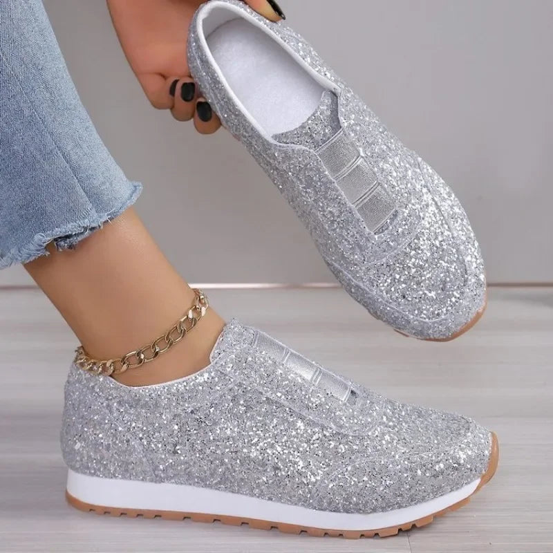 2025 Autumn New Fashion Slip-on Low-heeled Women's Sneakers Gold Silver Trend Sport Shoes Ladies Outdoor Casual Walking Shoes