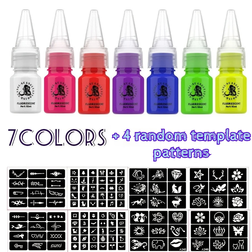 Glow Dark Tattoo Ink Set 7 Colors 10ml Fluorescent Pigmented Inks for Halloween Body Art Light Effects Vibrant Colors
