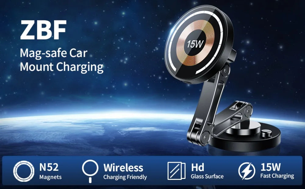 15W Magnetic Car Phone Holder Mount Wireless Charger Fast Charging Rotation Magnetic Car Phone Stand for IPhone 16 15 14 13 12