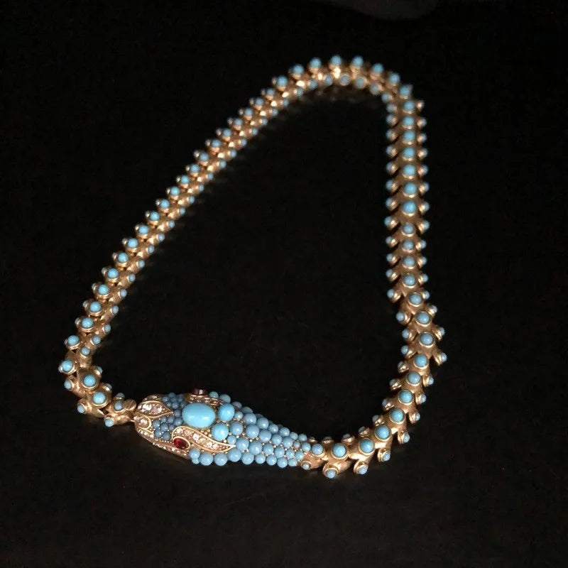 KEQIU Recycled aged gold snake-shaped necklace stud earring ancient-style , turquoise inlaid heavy industry jewelry