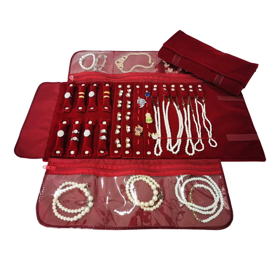 Burgundy Velvet Jewelry Roll Bag Portable Foldable for Necklace Earrings Ring Travel Exhibitions Organizer Storage Bag
