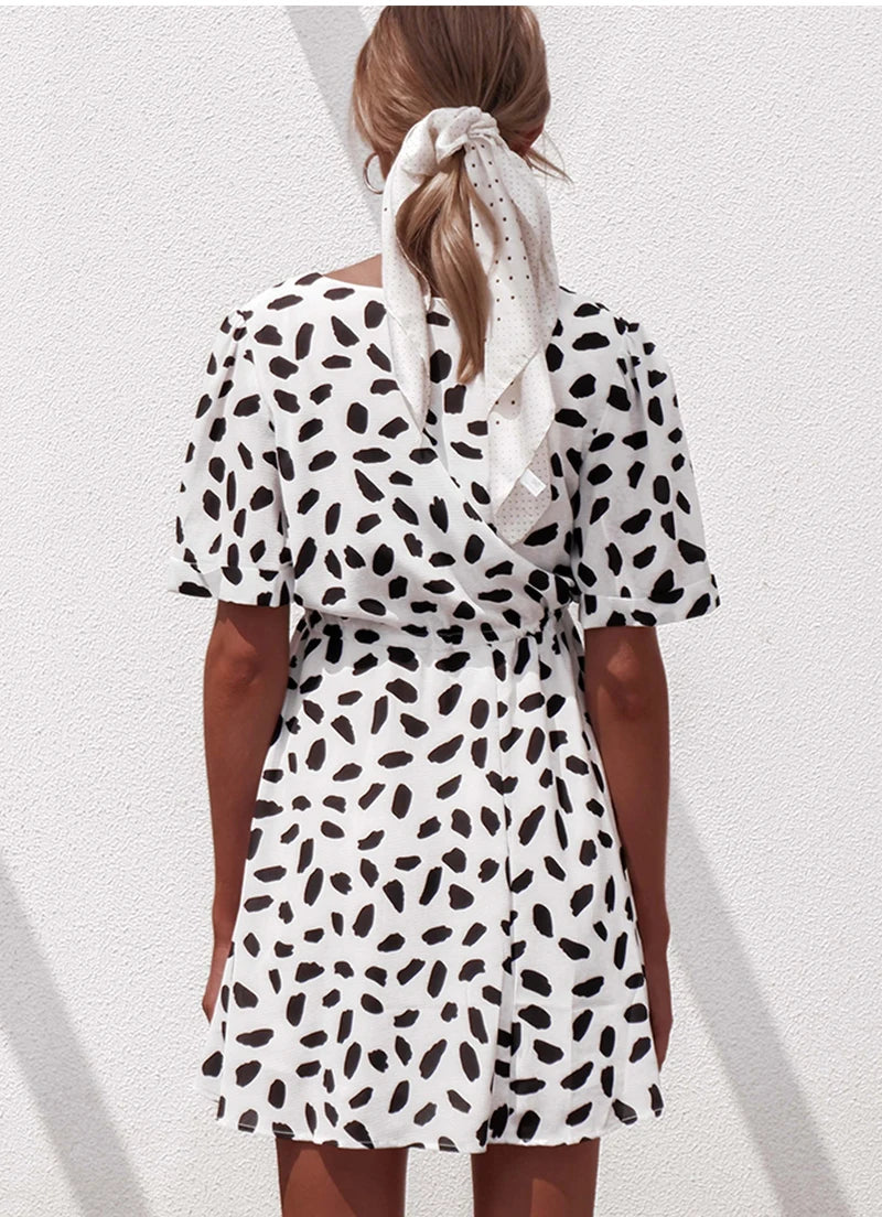 White Sand Spot Mini Summer Dresses Women V Neck Casual Beach Sundress Sexy Botton Wrap Bodycon Dress Female