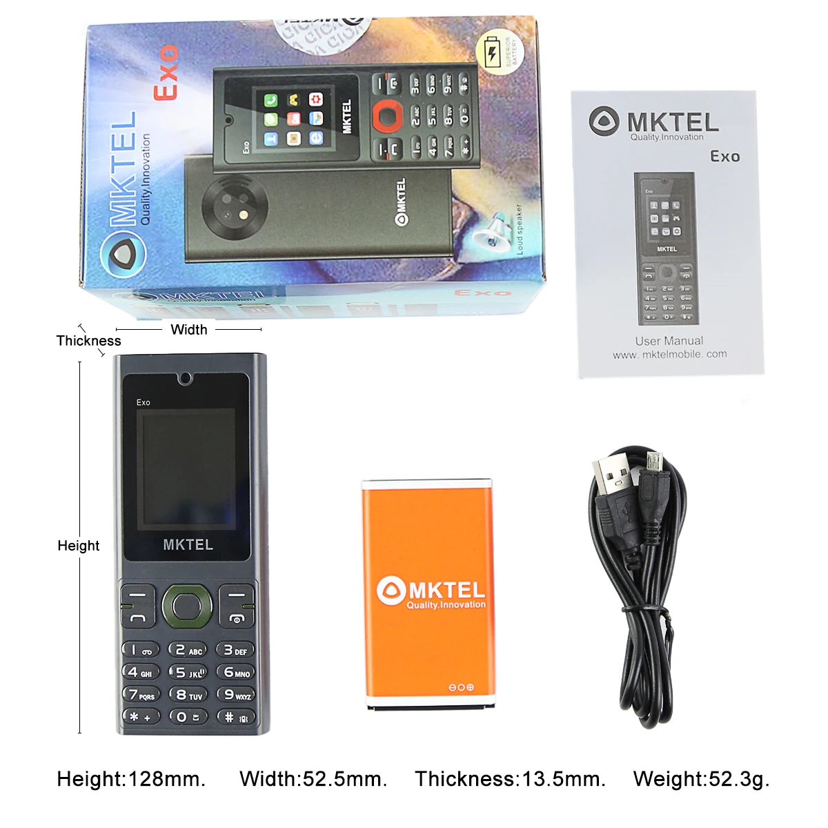 MKTEL EXO Feature Phone Senior Mobile Phone Dual SIM Dual Standby 1.77" Display GSM MP3 MP4 FM Radio Strong Torch Loud Speaker