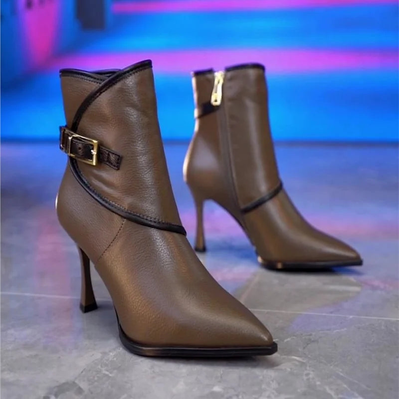 FHC New Women Ankle Boots,High Heeled Short Botas,Fashion Buckle Winter Shoes,Pointed Toe,34-39,Black,Brown,Dropship