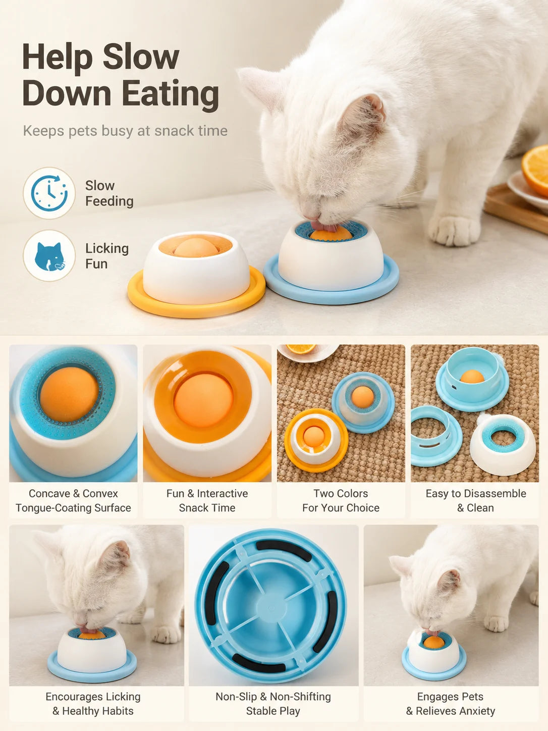 Pet Lick Plate Slow Feeder Bowl for Cats Small Dogs Rotating Ball Treat Toy Anti Slip Licking Mat for Wet Food