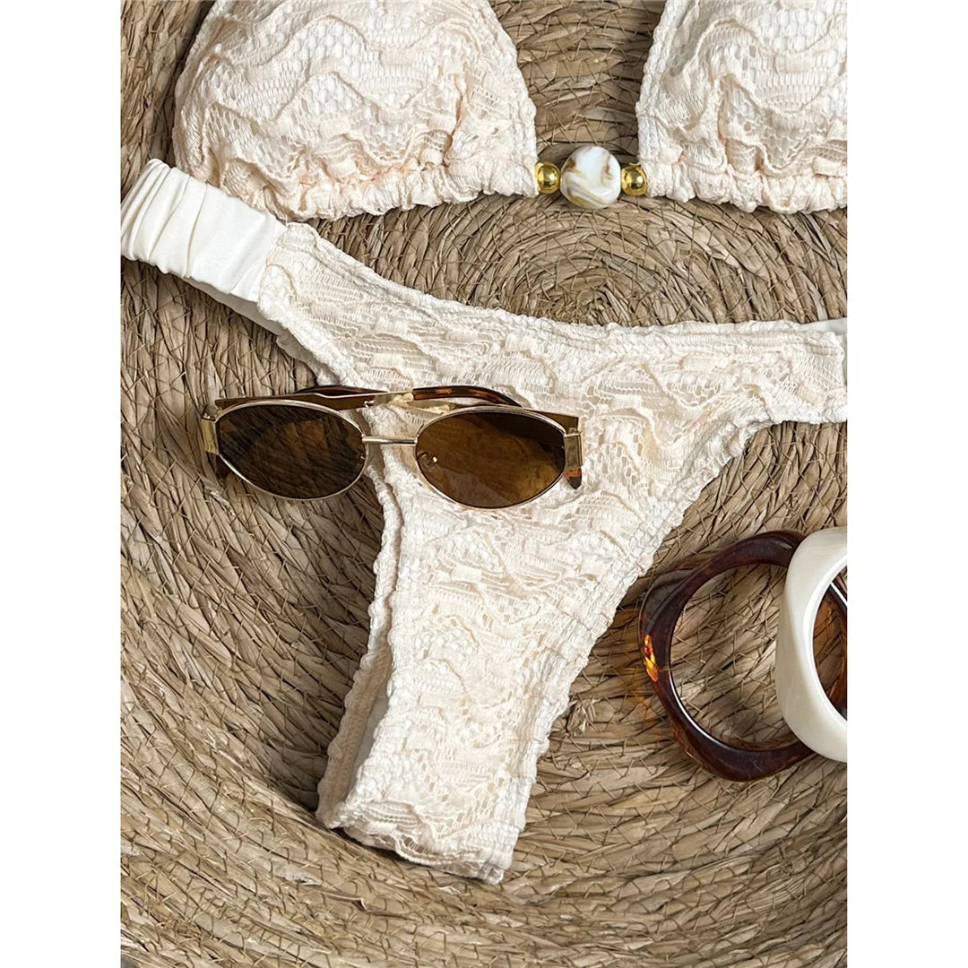 2026 Wrinkled Crinkled Halter Bikini Women Swimwear Female Swimsuit Two-Pieces Bikini Set Padded Bather Bathing Suit Swim V8135