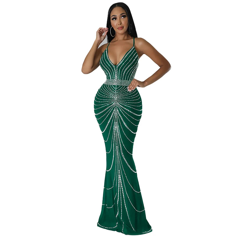 Sparkling Solid Color Hot Diamond Sheer Mesh Long Skirt, Elegant and Luxurious Spring Women's Cocktail Dress, Celebrity Clothing