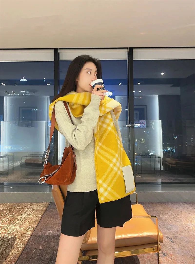 Scarf Shawl Double-Faced Plaid Wool Scarf Neck Warmer Soft Comfortable Fashion Long Scarf for Men and Women
