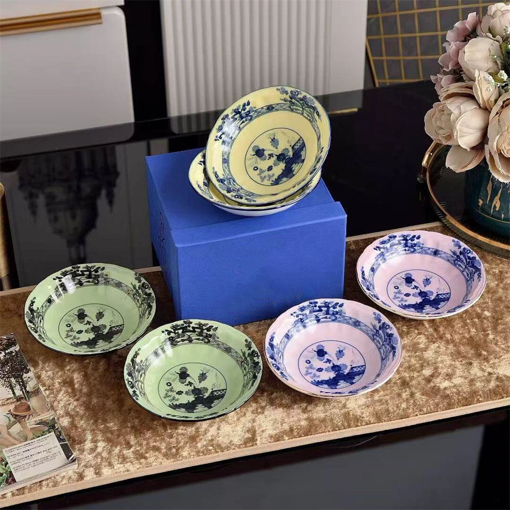 Ceramic Tableware Bowl Household Oatmeal Salah Bowl Kitchen Supplies 2 Combination 15cm Gift Box Beige Curry Yellow Green Pink