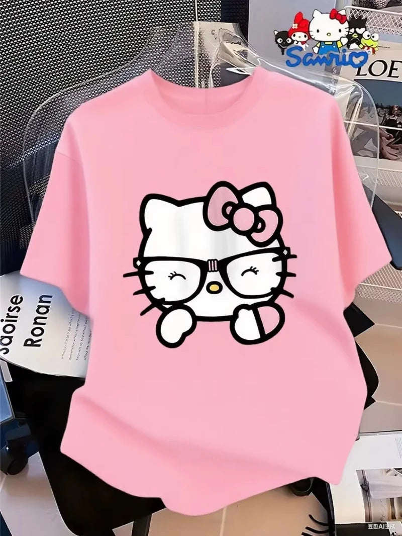 MINISO Cotton T Shirt with Hello Kitty in Glasses Graphic Sweet and Nerdy Style Trendy Printed Brand Cotton T-shirt Short Sleeve