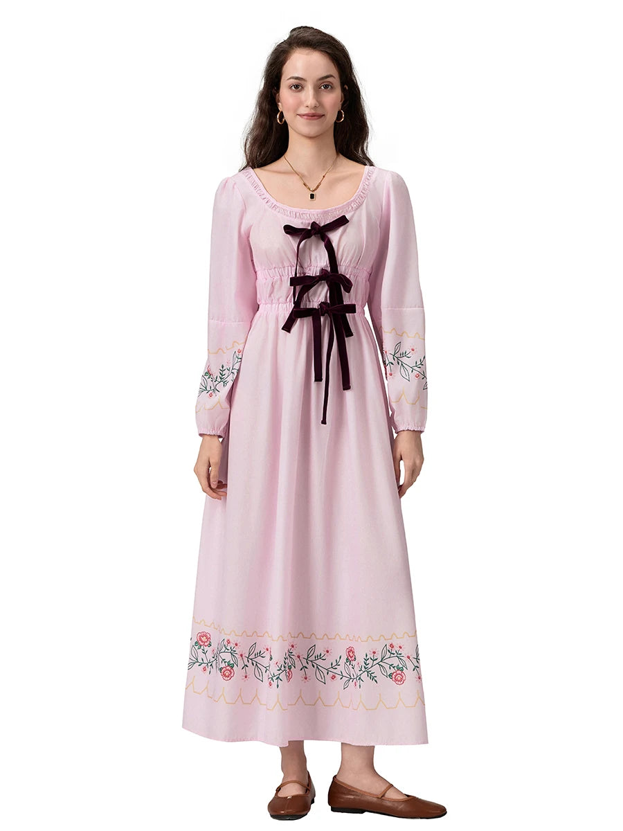 Women's 2024 Summer Boho Square Neck Front Bow Midi Dress Lady Vintage Puff Long Sleeve Plaid Ruffle Backless Maxi Dress