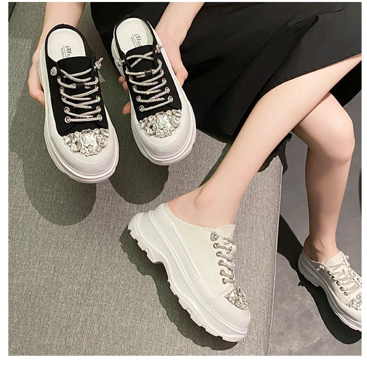 Women Shiny Rhinestones Shoes Four Seasons Casual Sneakers Women Stylish Sport Shoes Lace-Up Sports slippers zapatos mujer