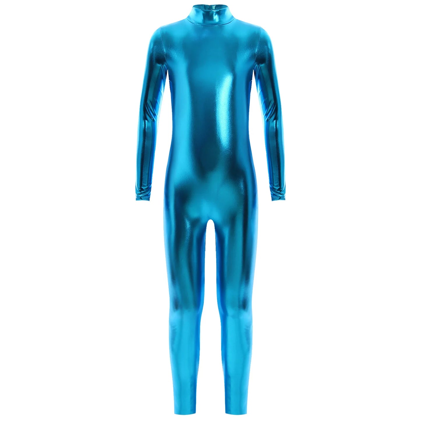 Kids Boys Girls Dance Metallic Jumpsuit Children's Gymnastics Bodysuit Performance Costume Long Sleeve Full Length Leotard