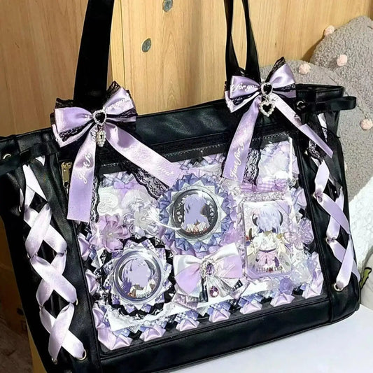 New Japanese Cute Sweet Ribbon Ita Bag Lolita Girls Transparent Handbags Fashion Large Capacity Tote Bag Aesthetic Shoulder Bags