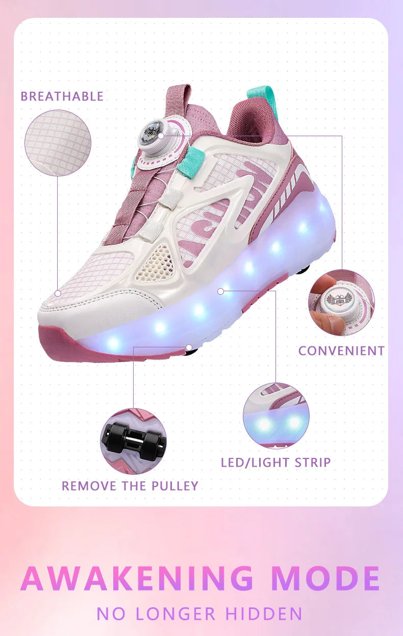 Children's Roller Skate Shoes 4-Wheels Removable Wheeled Rolling Shoes for Kids with LED Light Inline Skate Sneaker