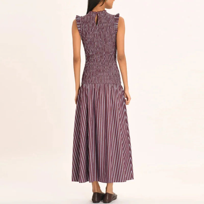 Elegant Striped Print Slim Sleeveless Robe Dress Spring O Neck High Waist Spliced Dress Woman Casual Pleated A-Line Office Dress