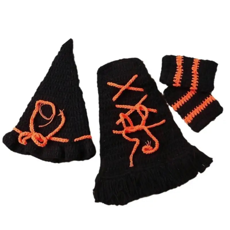 U13F Newborn Witch Costume for Halloween Celebration Knitting Baby Photo Props Outfit for Family Gathering Photography Suit