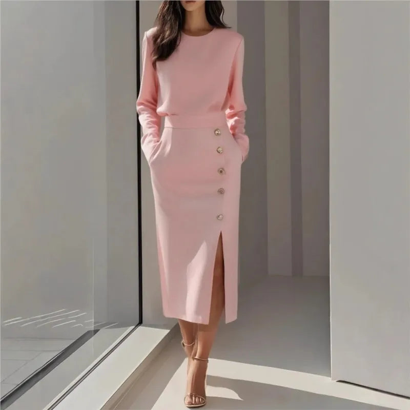 Spring Autumn Fashion O-neck Split Women Dress Elegant Button Solid Evening Dresses New Casual Sleeveless Slim Office Lady Dress