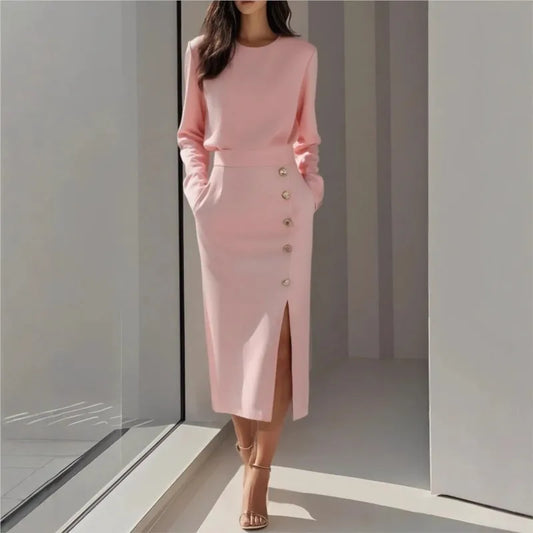 Spring Autumn Fashion O-neck Split Women Dress Elegant Button Solid Evening Dresses New Casual Sleeveless Slim Office Lady Dress